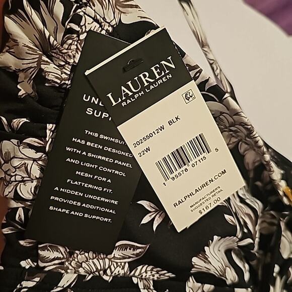 Ralph Lauren BLACK/WHITE Toile Floral Twisted Skirted One-Piece Swimsuit, US 22W - Picture 9 of 11